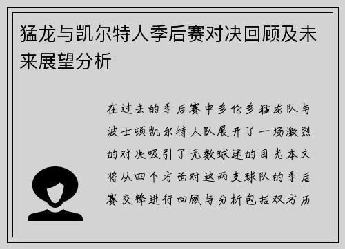 猛龙与凯尔特人季后赛对决回顾及未来展望分析