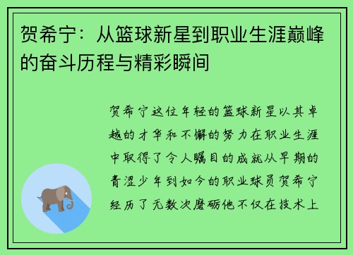 贺希宁：从篮球新星到职业生涯巅峰的奋斗历程与精彩瞬间