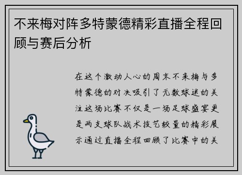 不来梅对阵多特蒙德精彩直播全程回顾与赛后分析
