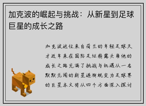 加克波的崛起与挑战：从新星到足球巨星的成长之路