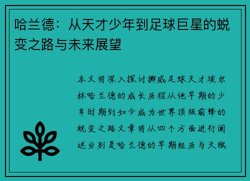 哈兰德：从天才少年到足球巨星的蜕变之路与未来展望